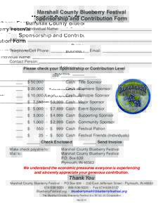 Marshall County Blueberry Festival Sponsorship and Contribution Form Business / Individual Name:__________________________________________ Address: _________________________________________________________ Telephone/Cell
