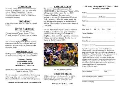CAMP STAFF Tri County Vikings “Pride in Excellence” Camp is directed by Head Football Coach Phil Butler along with the Vikings Coaching Staff. Together they have over 40 yrs of coaching experience. The staff will wor