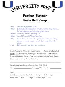 Panther Summer Basketball Camp Who: Girls and Boys Grades 2nd-8th