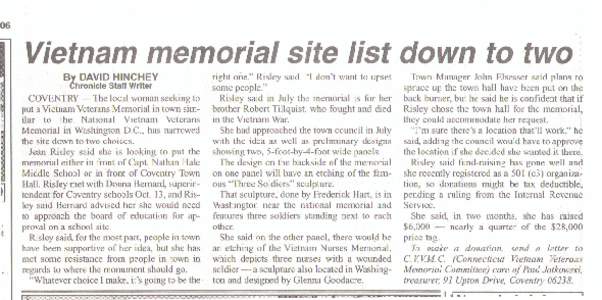 06  Vietnam memorial site list down to two! By DAVID HINCHEY Chronicle Staff Writer