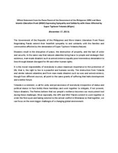 Official Statement from the Peace Panels of the Government of the Philippines (GPH) and Moro  Islamic Liberation Front (MILF) Expressing Sympathy and Solidarity with those Affected by Super Typhoon Yolanda (Hiyan) (Novem