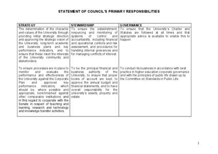 STATEMENT OF COUNCIL’S PRIMARY RESPONSIBILITIES  STRATEGY The determination of the character and values of the University through providing initial strategic direction