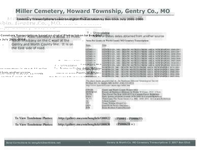 Miller Cemetery, Howard Township, Gentry Co., MO Cemetery Transcriptions based on digital Photos taken by Ben Glick JulyLocation: Miller cemetery is about 11 miles North of Albany on the C road at the Gentry a