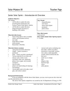 Solar Matters III  Teacher Page Junior Solar Sprint – Introduction & Overview Students Objective