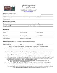 Application for Employment  CITY OF WINSTON 201 Douglas Blvd., Winston, ORfax)