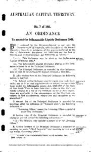 AUSTRALIAN CAPITAL TERRITORY. No. 7 of[removed]AN ORDINANCE To amend the Inflammable Liquids Ordinance 1940.