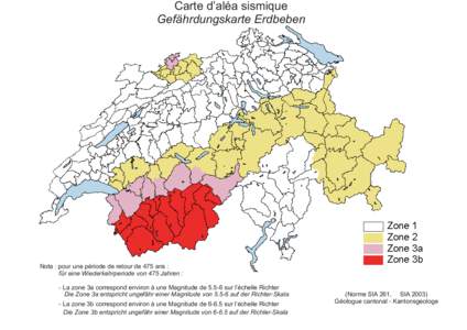 Carte d’aléa sismique Gefährdungskarte Erdbeben Nota : pour une période de retour de 475 ans : für eine Wiederkehrperiode von 475 Jahren : - La zone 3a correspond environ à une Magnitude de[removed]sur l’échelle 