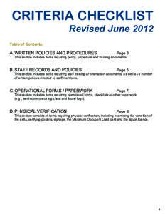 CRITERIA CHECKLIST  Revised June 2012 Table of Contents: