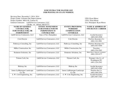 SUBCONTRACTOR MASTER LIST FOR POSTING ON STATE WEBSITE Revision Date: December 5, 2014, 2014 Project Name: Lebanon Site Improvements Project Number: 80614 R, Contract B General Contractor: L&M Service Contractors, LLC