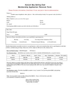 Konocti Bay Sailing Club Membership Application/Renewal Form Please Provide Information, Download, fill out, and print. Send to address below. Name(s): (include spouse/significant other, please.) One card issued per fami