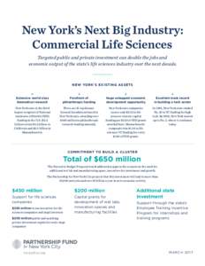 New York’s Next Big Industry: Commercial Life Sciences Targeted public and private investment can double the jobs and economic output of the state’s life sciences industry over the next decade.  NEW YORK’S EXISTING