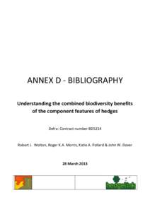 ANNEX D - BIBLIOGRAPHY Understanding the combined biodiversity benefits of the component features of hedges Defra: Contract number BD5214  Robert J. Wolton, Roger K.A. Morris, Katie A. Pollard & John W. Dover