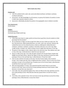 North, South, East, Chess Students will: • Learn the cardinal (north, south, east, west) and ordinal (northeast, northwest, southeast, southwest) directions • Assessment: Use their knowledge to communicate, as a grou