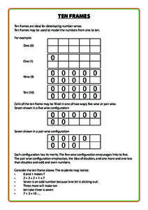 TEN FRAMES Ten frames are ideal for developing number sense. Ten frames may be used to model the numbers from one to ten. For example: 	 Zero (0)