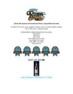 2010 5th Annual International Rum Competition Results A total of 42 rums were judged on March 18 & 19 at the Hilton Garden Inn in Ybor City, Tampa Florida.