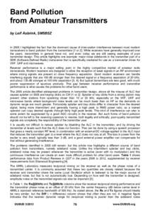 Band Pollution from Amateur Transmitters by Leif Åsbrink, SM5BSZ In 2005 I highlighted the fact that the dominant cause of inter-station interference between most modern transceivers is band pollution from the transmitt