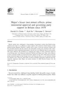 Electoral Studies–273 www.elsevier.com/locate/electstud Major’s lesser (not minor) effects: prime ministerial approval and governing party support in Britain since 1979