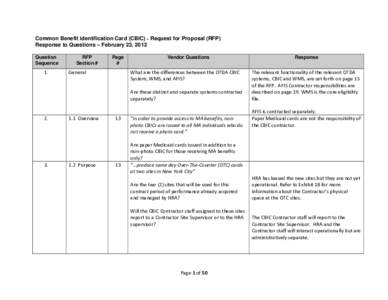 Common Benefit Identification Card (CBIC) ‐ Request for Proposal (RFP) Response to Questions – February 23, 2012 Question Sequence   RFP