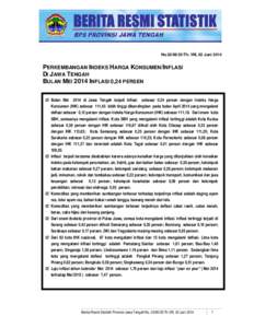 No[removed]Th. VIII, 02 Juni[removed]PERKEMBANGAN INDEKS HARGA KONSUMEN/INFLASI DI JAWA TENGAH BULAN MEI 2014 INFLASI 0,24 PERSEN ; Bulan Mei 2014 di Jawa Tengah terjadi inflasi sebesar 0,24 persen dengan Indeks Harga