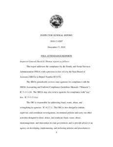 INSPECTOR GENERAL REPORT[removed]December 17, 2010 FSSA ATTENDANCE REPORTS Inspector General David O. Thomas reports as follows: