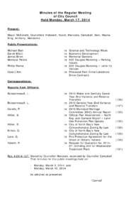 Minutes of the Regular Meeting of City Council Held Monday, March 17, 2014