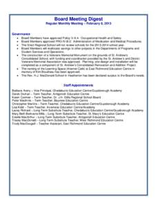 Board Meeting Digest Regular Monthly Meeting – February 6, 2013 Governance  