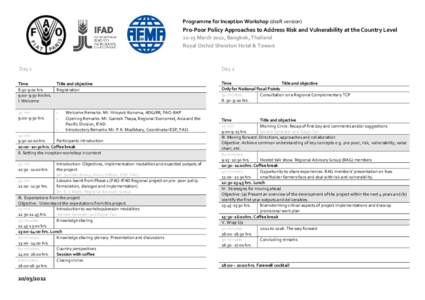 Programme for Inception Workshop (draft version)  Pro-Poor Policy Approaches to Address Risk and Vulnerability at the Country Level[removed]March 2012, Bangkok, Thailand Royal Orchid Sheraton Hotel & Towers