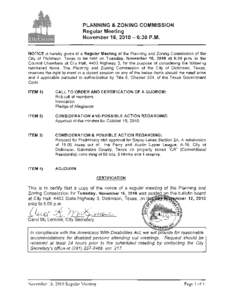 MINUTES CITY OF DICKINSON Planning and Zoning Commission Regular Meeting October 19, 2010 A Regular Meeting of the Planning and Zoning Commission of the City of Dickinson,