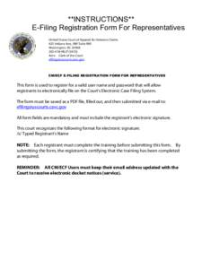 **INSTRUCTIONS** E-Filing Registration Form For Representatives United States Court of Appeals for Veterans Claims 625 Indiana Ave., NW Suite 900 Washington, DCHELP (3453)