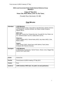 Final minutes of LGRG 9 meeting 10th May NICE Local Government Public Health External Reference Group Meeting 9 Friday 10th May 2013 Venue: Dee, NICE offices, Level 1A, City Tower,
