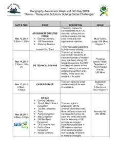 Geography Awareness Week and GIS Day 2013 Theme - “Geospatial Solutions Solving Global Challenges” DATE & TIME  Nov. 13, 2013