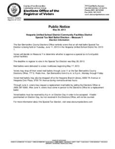 Public Notice May 29, 2013 Hesperia Unified School District Community Facilities District Special Tax Mail Ballot Election – Measure Y Election Information