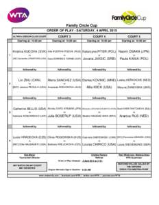 Family Circle Cup ORDER OF PLAY - SATURDAY, 4 APRIL 2015 ALTHEA GIBSON CLUB COURT COURT 3