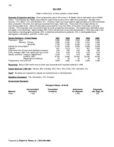 152  SILVER (Data in metric tons1 of silver content, unless noted) Domestic Production and Use: Silver produced by about 120 mines in 18 States had an estimated value of $250 million. The following four States accounted 