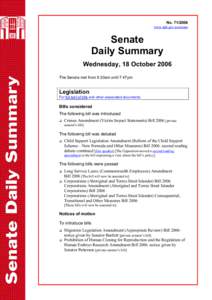 No[removed]www.aph.gov.au/senate Senate Daily Summary Wednesday, 18 October 2006