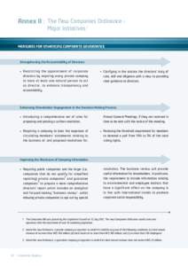 Annex II : T he New Companies Ordinance Major Initiatives 1 MEASURES FOR ENHANCING CORPORATE GOVERNANCE Strengthening the Accountability of Directors • 	R estricting the appointment of corporate directors by requirin