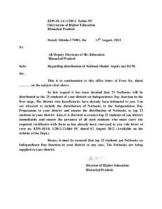 EDN-H[removed]Tablet PC Directorate of Higher Education Himachal Pradesh Dated: Shimla[removed], the  13th August, 2012