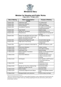 Ministerial Diary1 Minister for Housing and Public Works 1 March 2014 – 31 March 2014 Date of Meeting 3 March[removed]March 2014