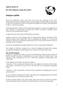 LegaSea Update 23 Bay Fisher Magazine, August 2014 edition Snapper update Since the beginning of the year there have been five meetings of the multistakeholder Snapper 1 Strategy Group. Our recreational representatives a