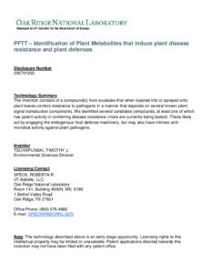 PFTT – Identification of Plant Metabolites that induce plant disease resistance and plant defenses Disclosure Number[removed]