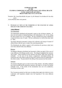 SUMMARY RECORD OF THE STANDING COMMITTEE ON THE FOOD CHAIN AND ANIMAL HEALTH (Section Animal health and welfare) HELD IN BRUSSELS ON 13 JUNE 2003 President: Mrs. Jaana Husu-Kallio for point 11a, Mr. Bernard Van Goethem f