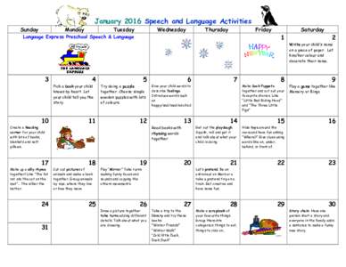January 2016 Speech and Language Activities Sunday Monday  Tuesday