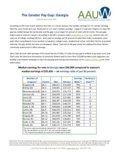 The Gender Pay Gap: Georgia Updated September 2014 According to the most recent statistics from the U.S. Census Bureau, the median earnings for U.S. women working full time, year-round were just 78 percent of U.S. men’