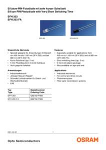 Silizium-PIN-Fotodiode mit sehr kurzer Schaltzeit Silicon PIN Photodiode with Very Short Switching Time SFH 203 SFH 203 FA  SFH 203