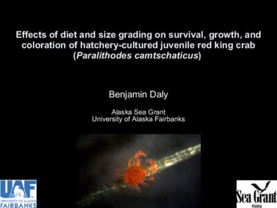 Effects of diet and size grading on survival, growth, and coloration of hatchery-cultured juvenile red king crab (Paralithodes camtschaticus) Benjamin Daly Alaska Sea Grant