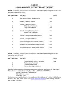 NOTICE LINCOLN COUNTY DISTRICT BOARD VACANCY NOTICE is hereby given for the vacancies in the District Board Member positions that will expire on December 31, 2015. # of POSITIONS