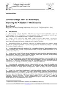 Provisional version  Committee on Legal Affairs and Human Rights Improving the Protection of Whistleblowers Draft Report