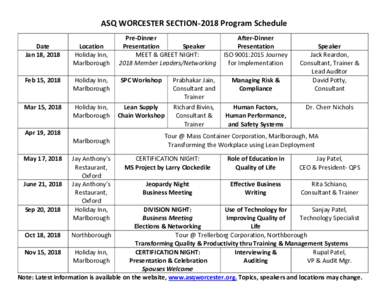 ASQ WORCESTER SECTION-2018 Program Schedule Pre-Dinner Presentation Speaker MEET & GREET NIGHT: 2018 Member Leaders/Networking
