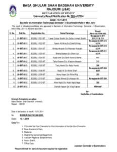 BABA GHULAM SHAH BADSHAH UNIVERSITY RAJOURI (J&K) DECLARATION OF RESULT University Result Notification No.365 of 2014 Dated:- [removed]