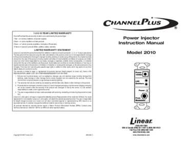 PRINTER’S INSTRUCTIONS: INSTR,INSTL,[removed]LINEAR P/N: [removed]C - INK: BLACK - MATERIAL: 20# MEAD BOND - SIZE: 8.500” x[removed]” - FOLDING: 1 FOLD VERTICAL - SCALE: 1-1 - SIDE 1 OF[removed]YEAR LIMITED WARRANTY 